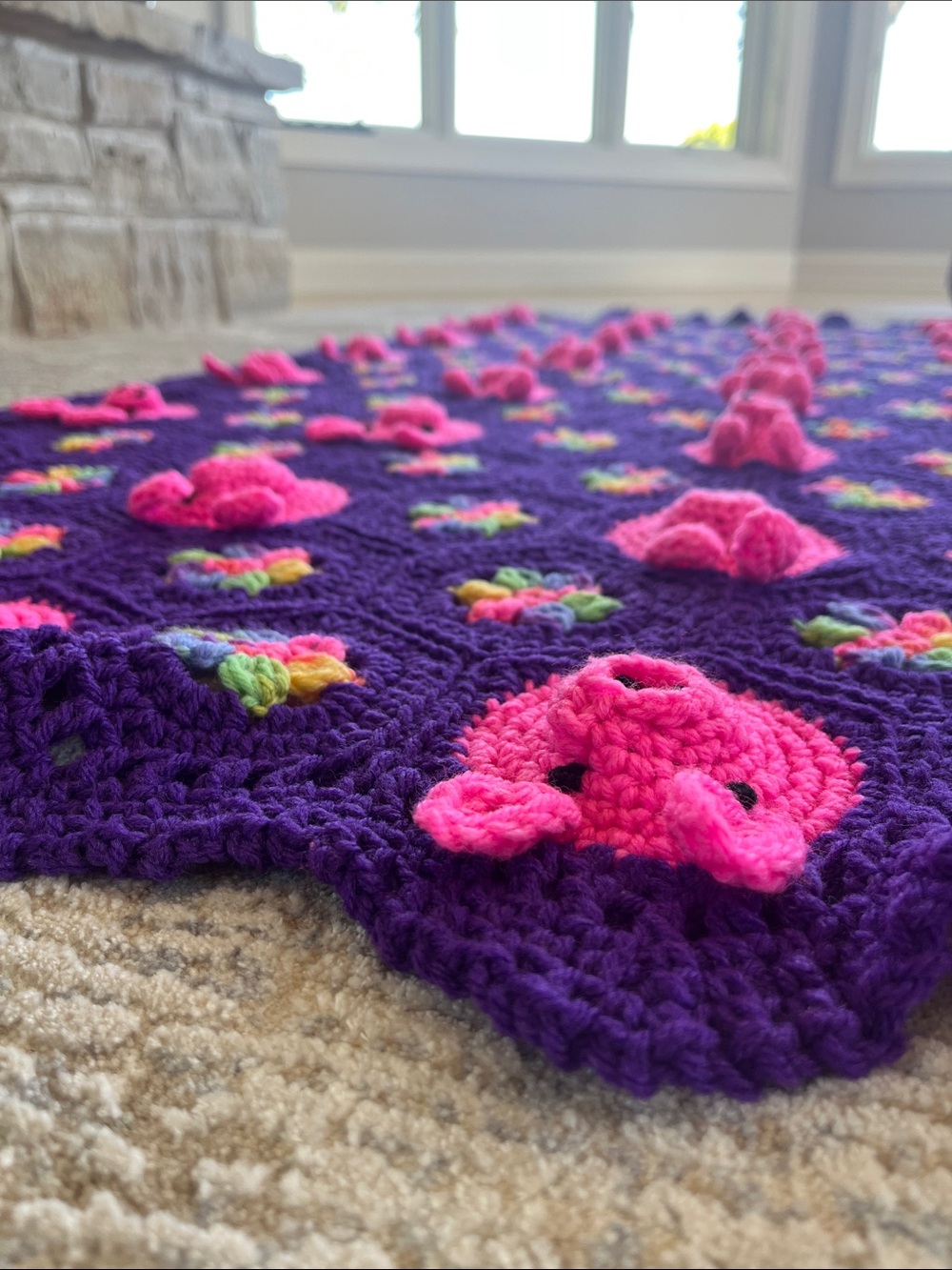 Pink Pig on Purple Afghan Hand Made
